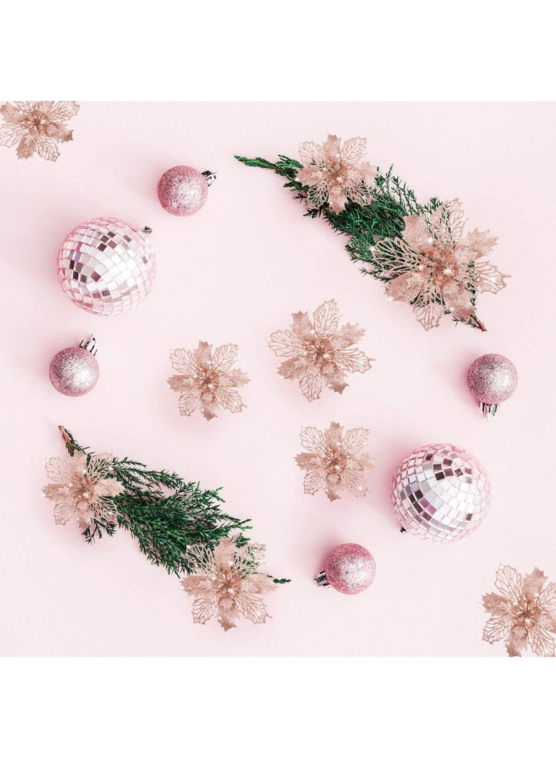 SYOSI 10 Pack Rose Gold Glitter Poinsettia Flowers Tree Ornaments for Christmas Decoration - Image 4